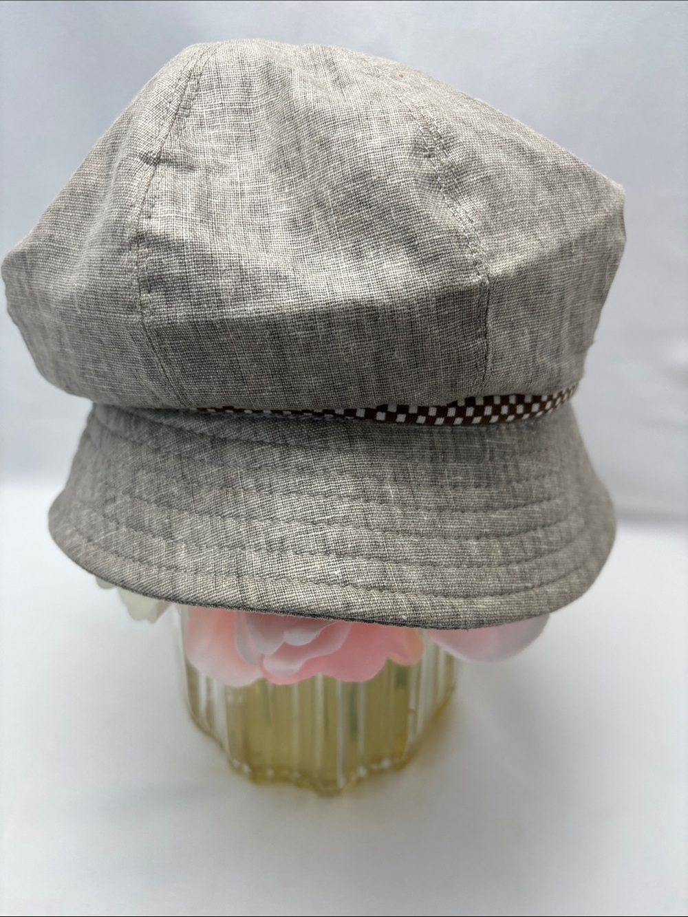 Neutral Linen-Look Bucket Hat with Brown Check Flower Accent#514 - Picture 8 of 10